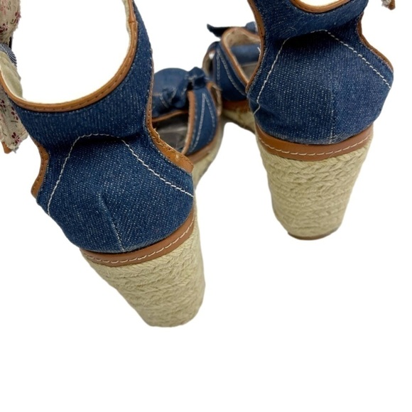 Denim jeans strappy wedges size 10.5 US Open back open toes bow tie - Picture 6 of 13